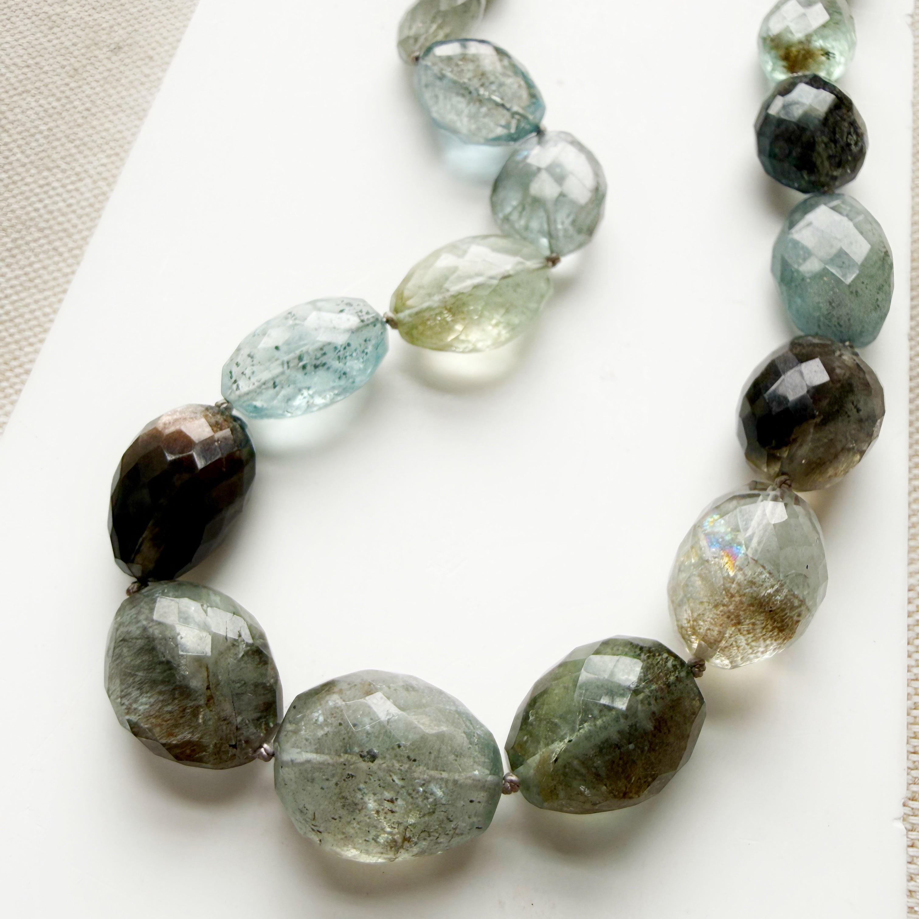 Close up of necklace with copper aquamarine gemstones