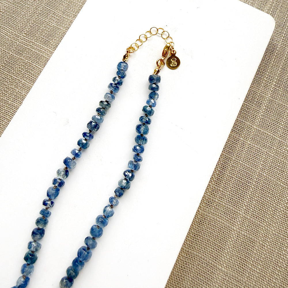 Blue kyanite knotted gem necklace on a white plate