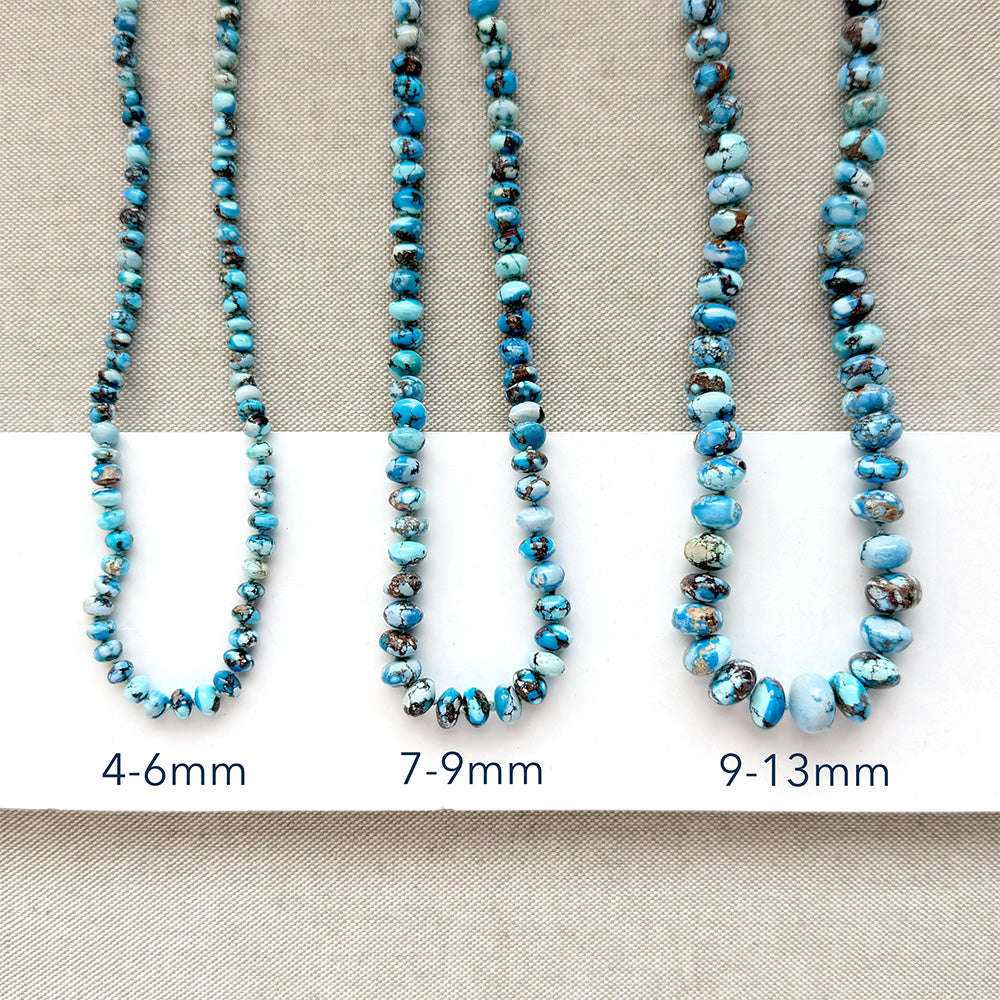 Three beaded turquoise-blue and brown stone necklaces displayed on a beige fabric background, with a white strip below showing sizes labeled 4-6mm, 7-9mm, and 9-13mm.