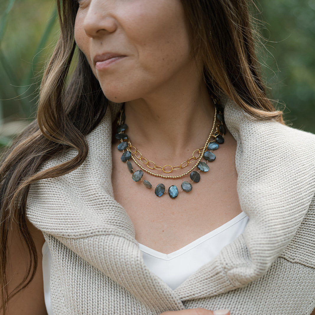 Statement labradorite necklace and chunky gold chain on a person wearing a beige sweater.