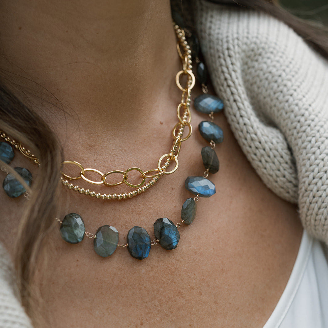 Statement labradorite necklace and chunky gold chain on a person wearing a beige sweater.