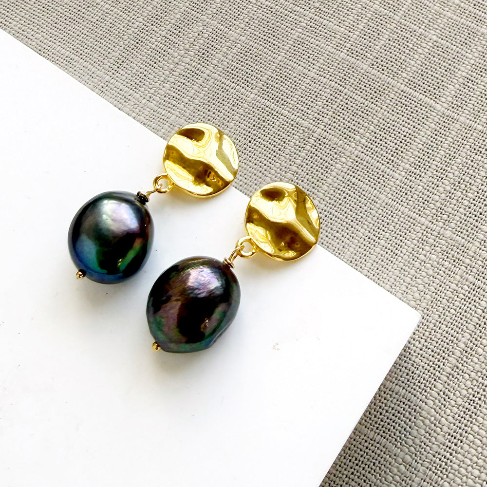 Peacock pearl earrings with a gold disc