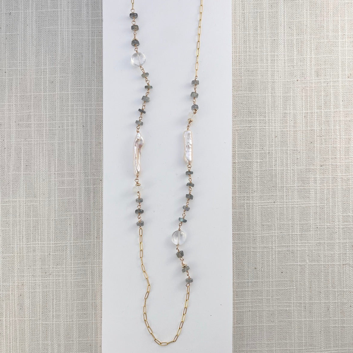 Long necklace with labradorite gems and stick pearls on a white card