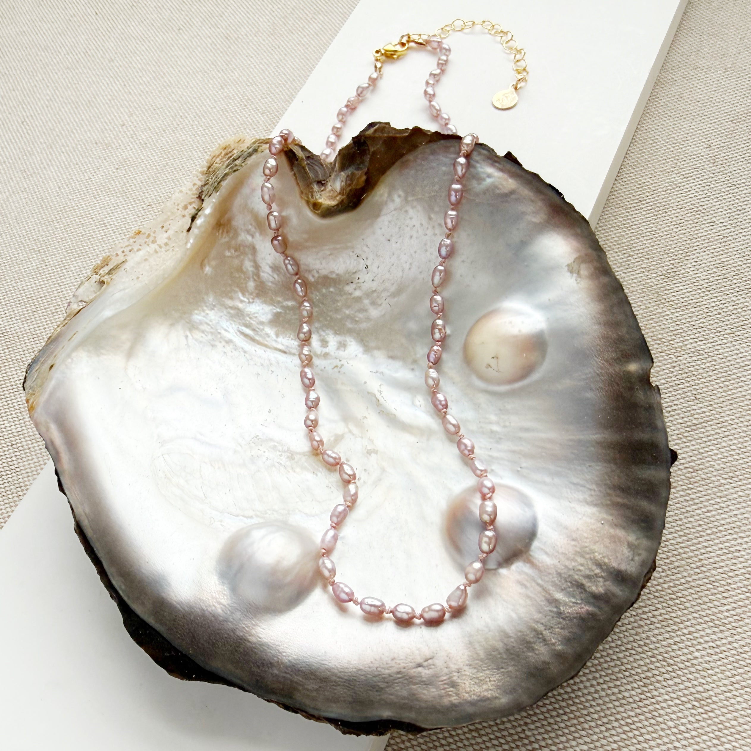 Knotted necklace with tiny pink pearls in a shell