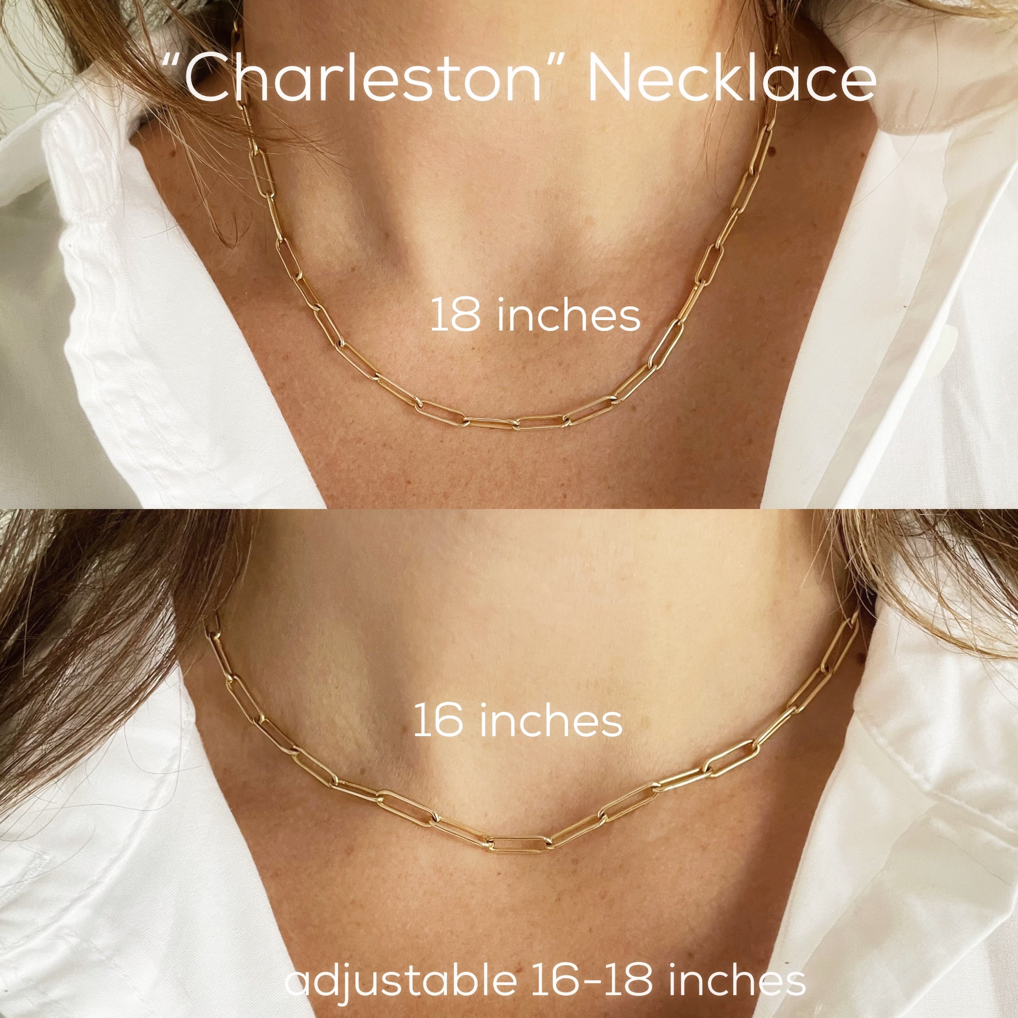 Women's necks wearing gold chunky large link paperclip chain layering necklaces. Charleston Necklace by Sarah Cornwell Jewelry