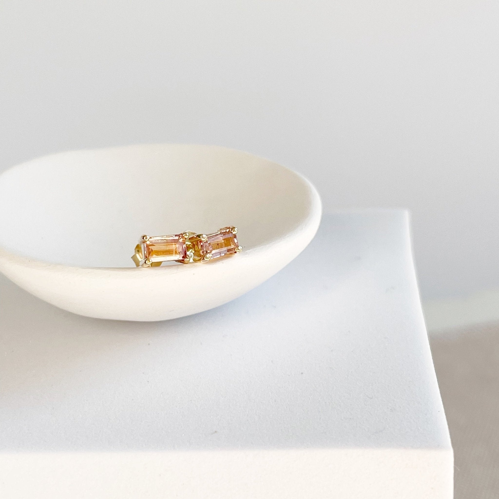 14K gold and 1 carat rectangular cut peach pink tourmaline stud earrings. Michelle Studs by Sarah Cornwell Jewelry