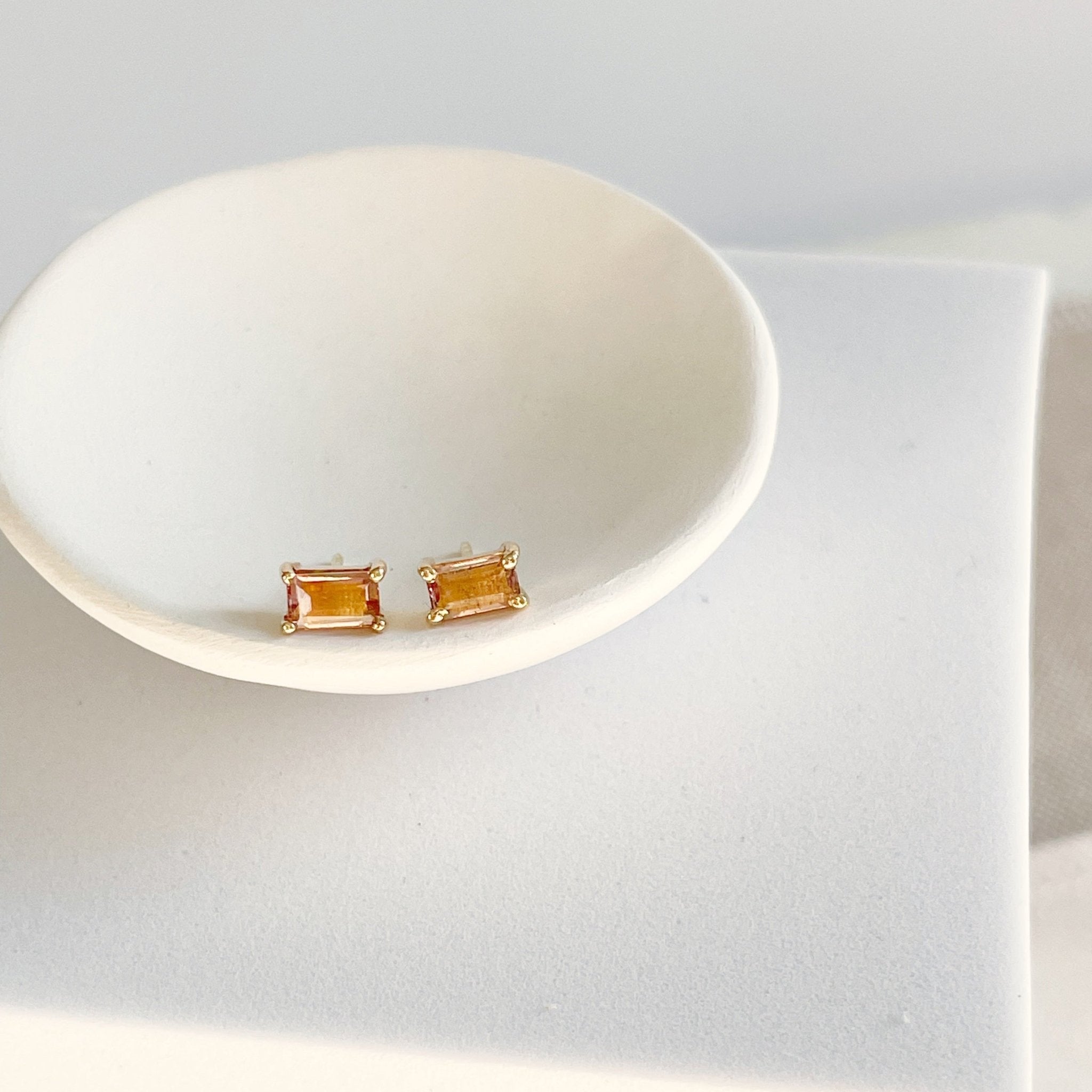 14K gold and 1 carat rectangular cut peach pink tourmaline stud earrings. Michelle Studs by Sarah Cornwell Jewelry