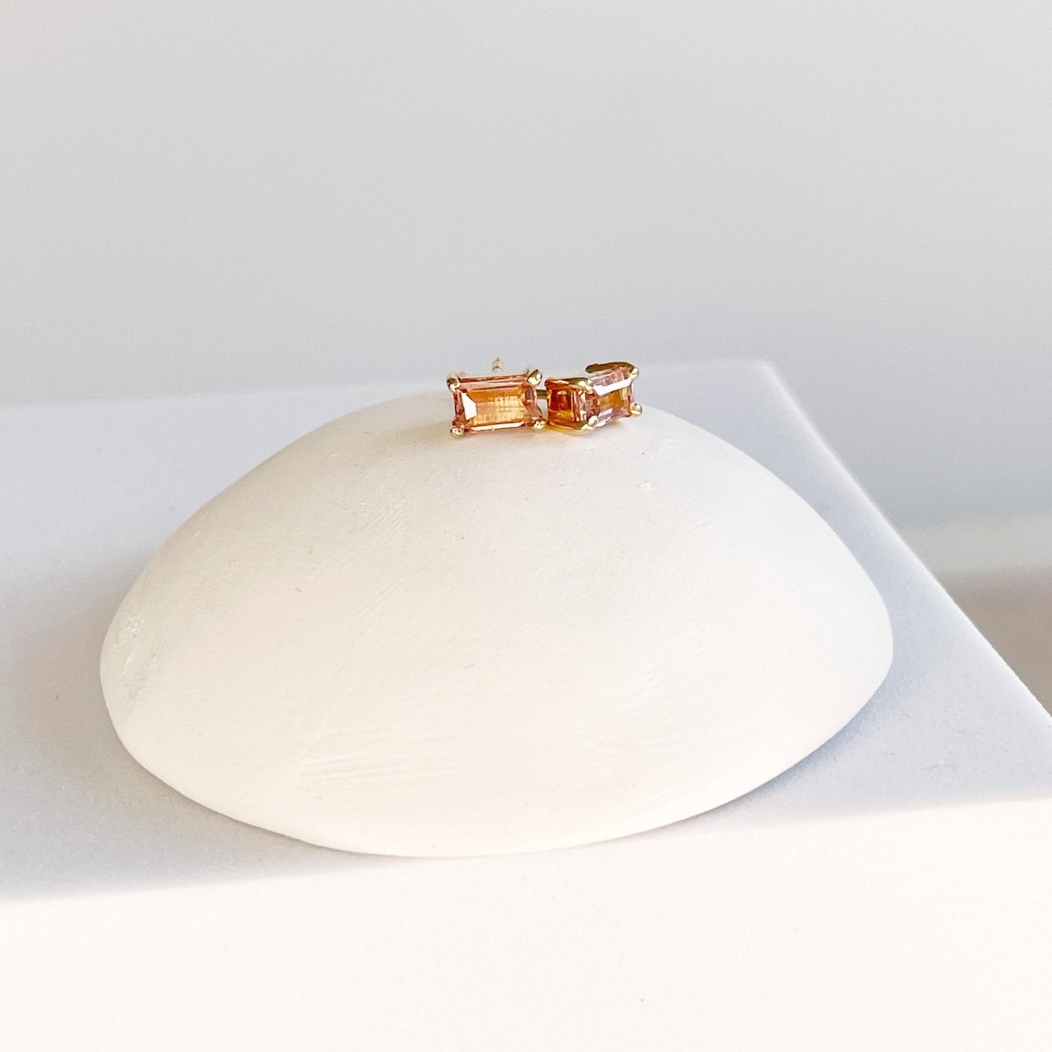 14K gold and 1 carat rectangular cut peach pink tourmaline stud earrings. Michelle Studs by Sarah Cornwell Jewelry