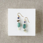 Pair of earrings with blue and teal gemstones on a white card against a beige background