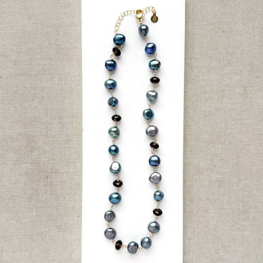 Mixed peacock pearl  and smokey quartz necklace