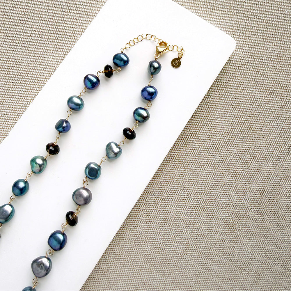 Mixed peacock pearl  and smokey quartz necklace