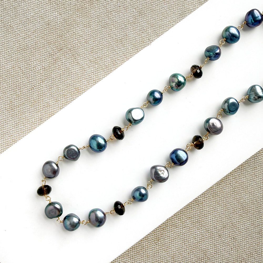 Mixed peacock pearl  and smokey quartz necklace