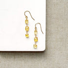 A pair of gold-tone dangle earrings with three small rectangular citrine gemstones each, displayed on a white rectangular surface over a textured beige fabric background.