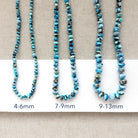 Three beaded turquoise-blue and brown stone necklaces displayed on a beige fabric background, with a white strip below showing sizes labeled 4-6mm, 7-9mm, and 9-13mm.