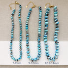 Three Golden Hills Turquoise necklaces of different sizes on a beige background