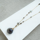 Long necklace with gray moonstone pendant on a white background