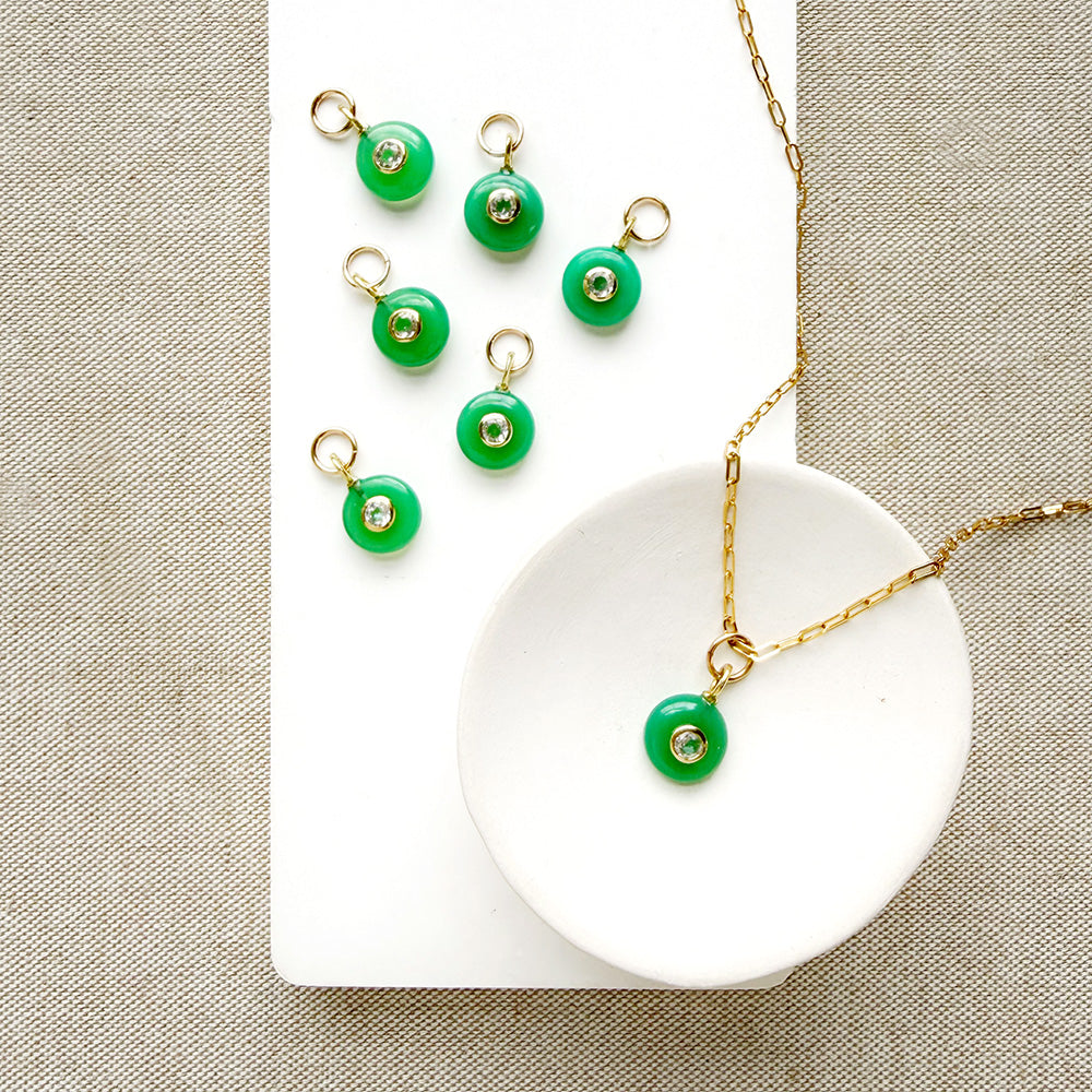 Round green chrysoprase charm with inset cz stone