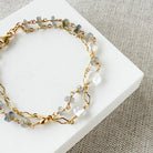 Gold bracelet with blue and clear gemstones on a white card against a beige fabric background