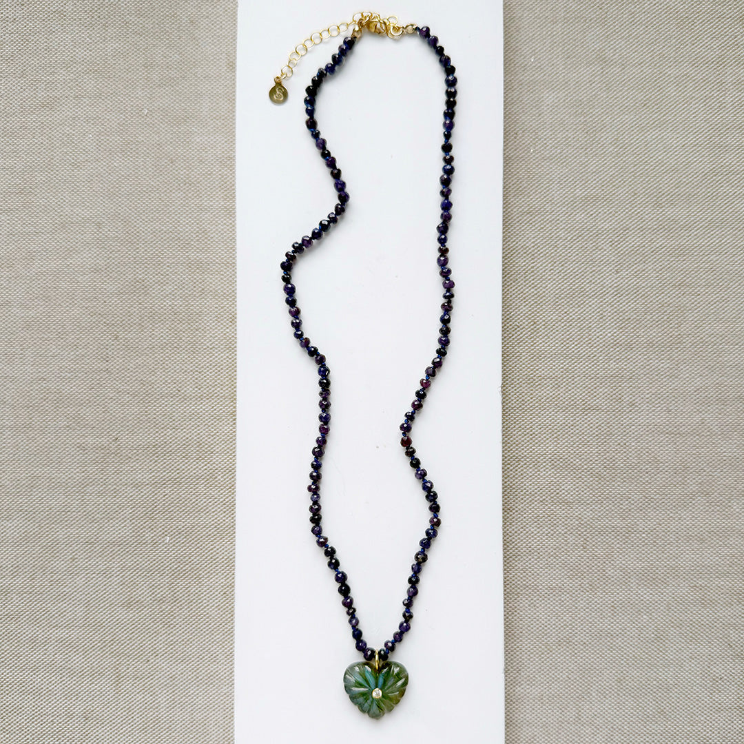 Heart shaped carved labradorite pendant with purple gemstone knotted necklace