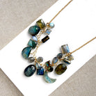 A gold chain necklace with multiple faceted labradorite gemstone charms in shades of blue, green, gray, and black, arranged on a white card over a beige woven fabric background.