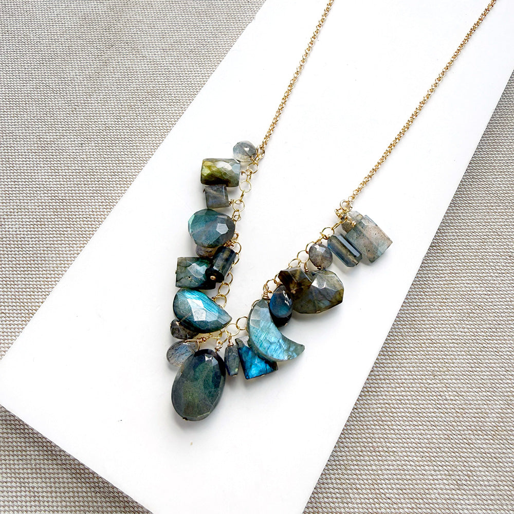 A gold chain necklace with multiple faceted labradorite gemstone charms in shades of blue, green, gray, and black, arranged on a white card over a beige woven fabric background.