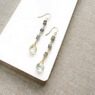 Dangle earrings with small blue-green faceted beads and clear teardrop-shaped crystals on gold hooks, displayed on a white card over a beige woven fabric background.