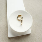 Mixed Metal hoop in a white dish on a light colored background