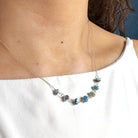 Necklace with small Golden Hill turquoise beads worn by a person against a white background