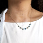 Necklace with small Golden Hill Turquoise beads worn by a person against a white background