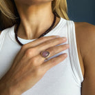 Model wearing pink sapphire rose cut ring
