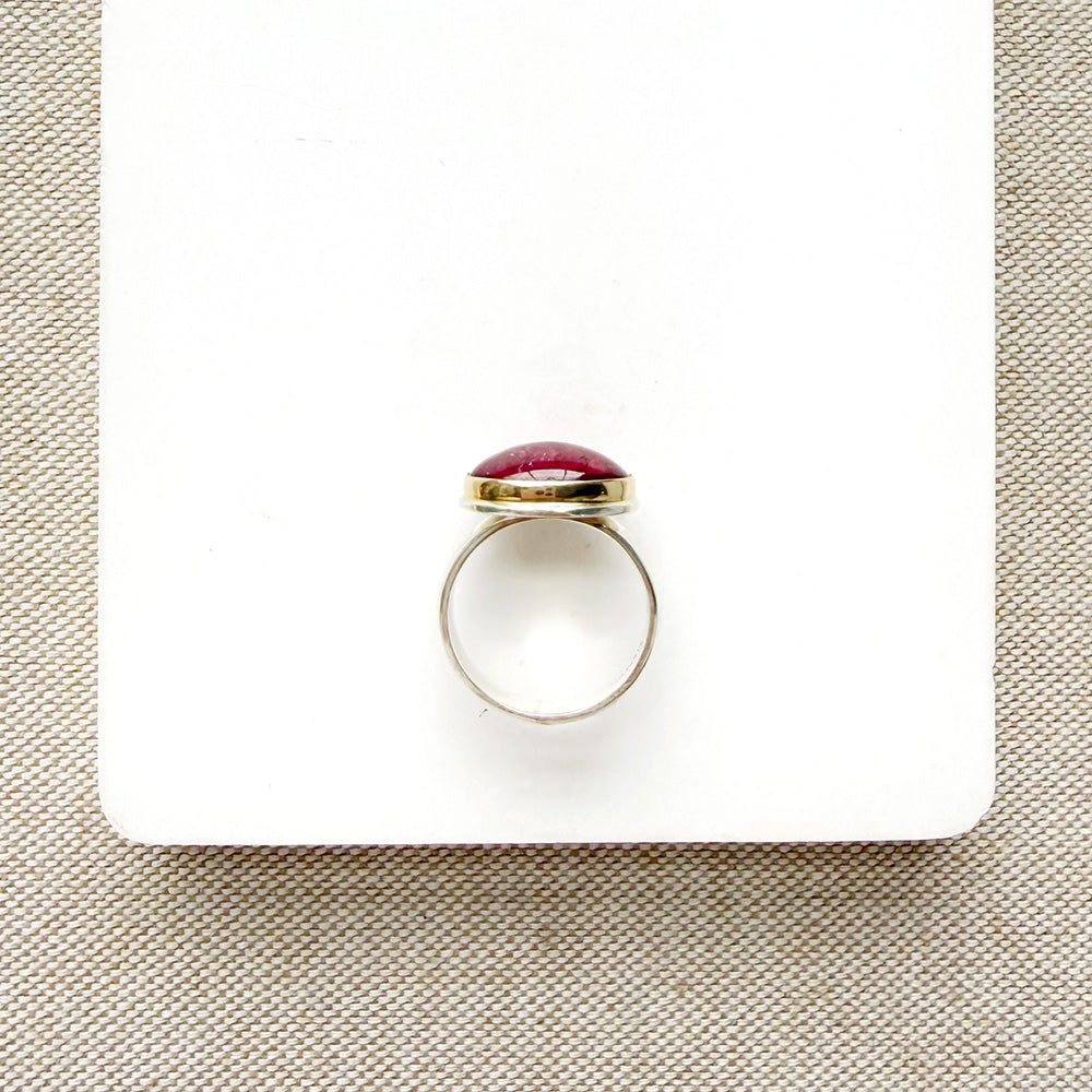 Pink Tourmaline Mixed Metal ring in a dish