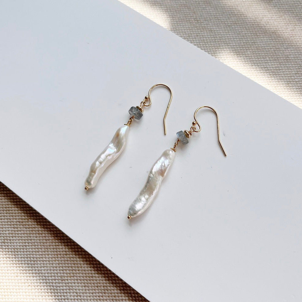 Stick pearl earrings with small labradorite gemstones