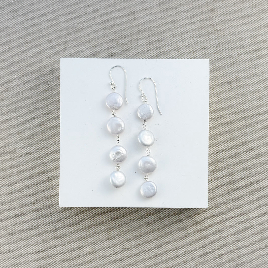 Round coin pearl drop earrings in sterling silver