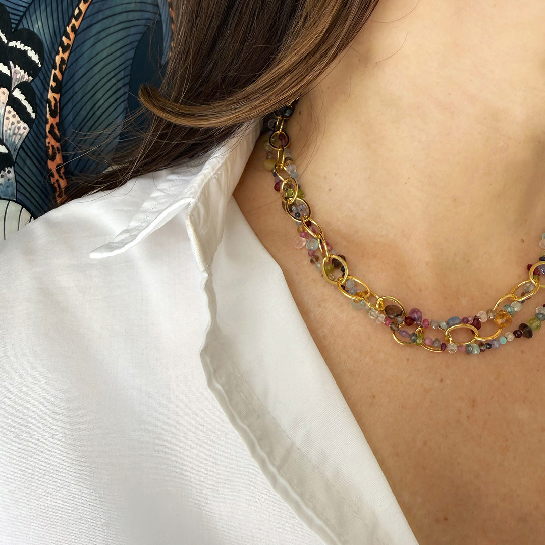 Layered necklaces with multicolored gems and gold chain worn by a person in a white shirt.
