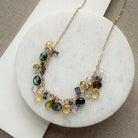 Necklace with multicolored gemstones on a white card