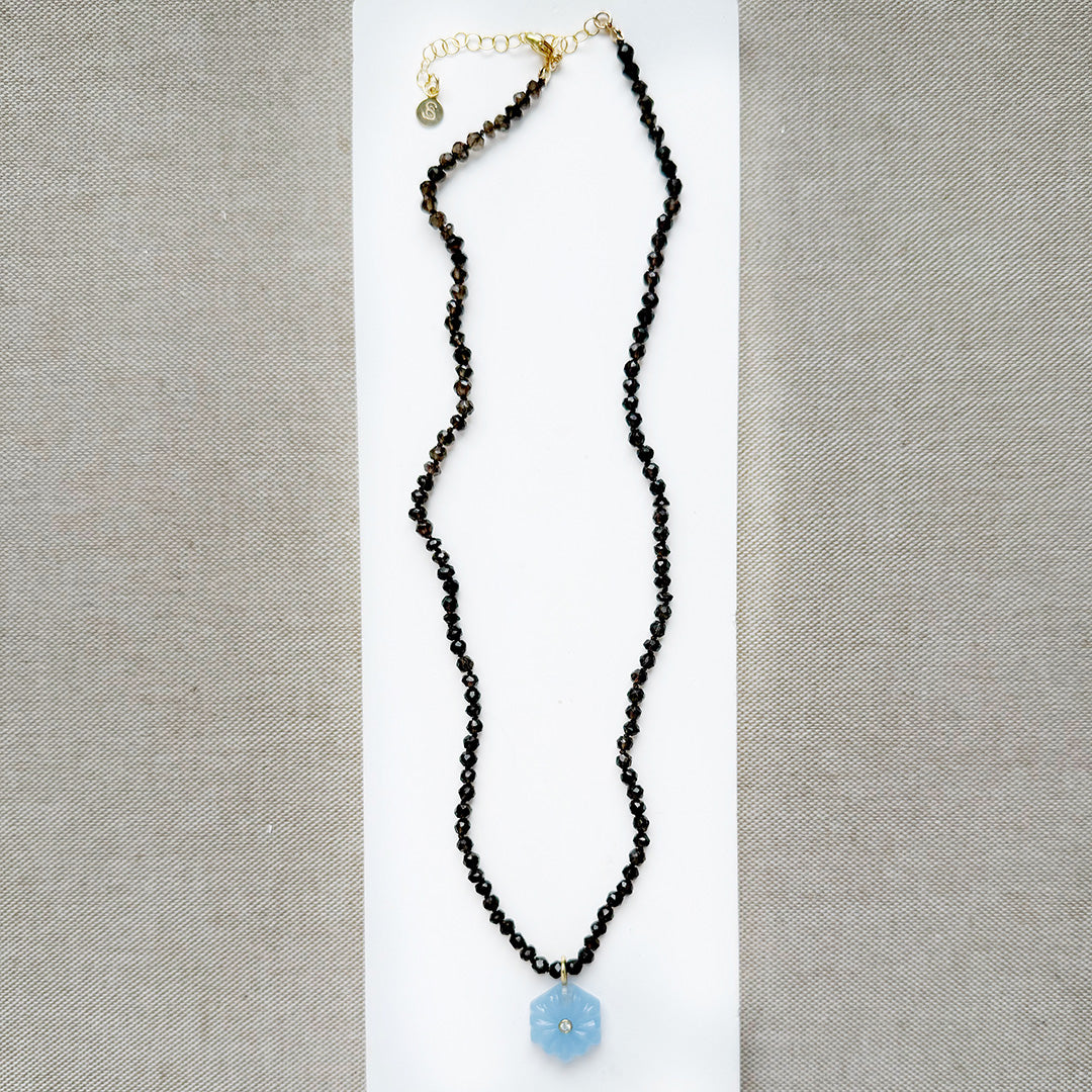 Smoky brown quartz knotted necklace with blue chalcedony carved pendant