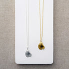 Two necklaces with seashell pendants, one gold and one silver, on a white card.