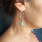 A close-up of a person's ear wearing a silver hoop earring with small Golden Hills turquoise beads dangling from the bottom.