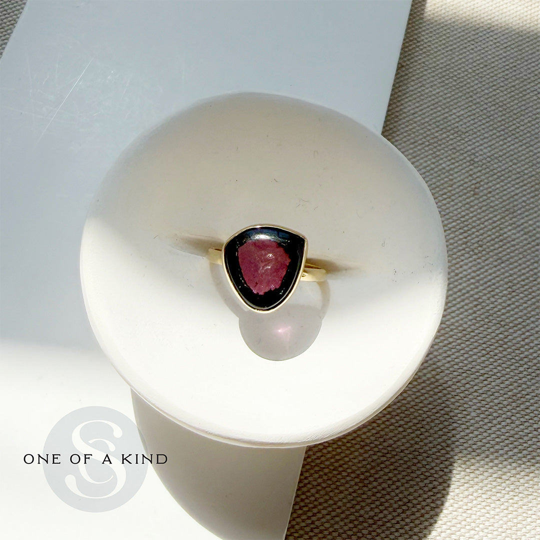 Watermelon tourmaline one of a kind ring in a white dish