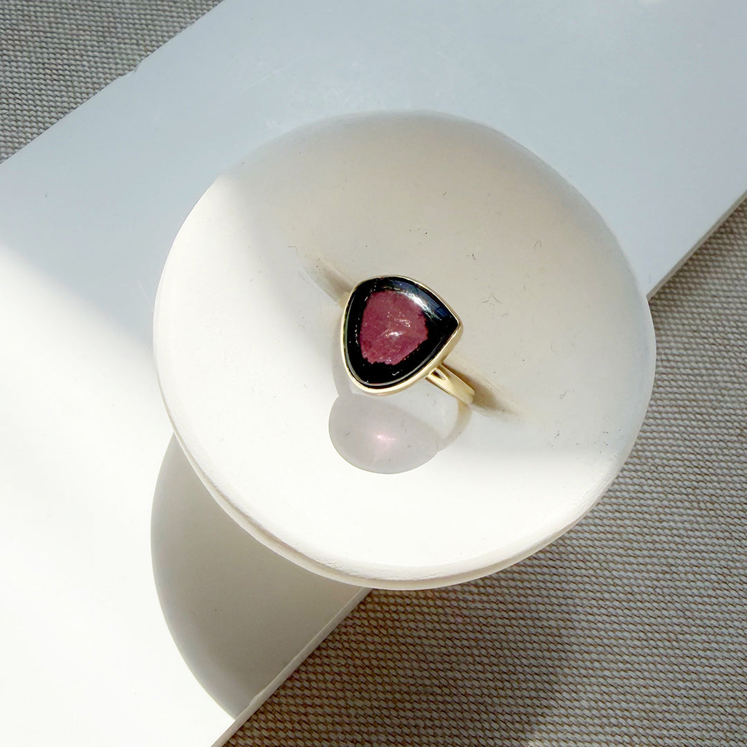 Watermelon tourmaline one of a kind ring in a white dish