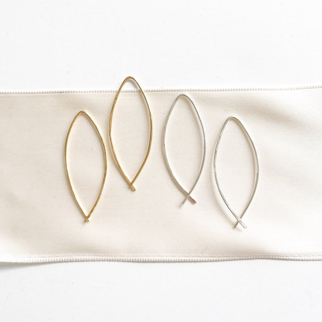 Alice Earrings by Sarah Cornwell Jewelry. Simple lightweight gold and silver 1.5 inch drop threader earrings on white background.