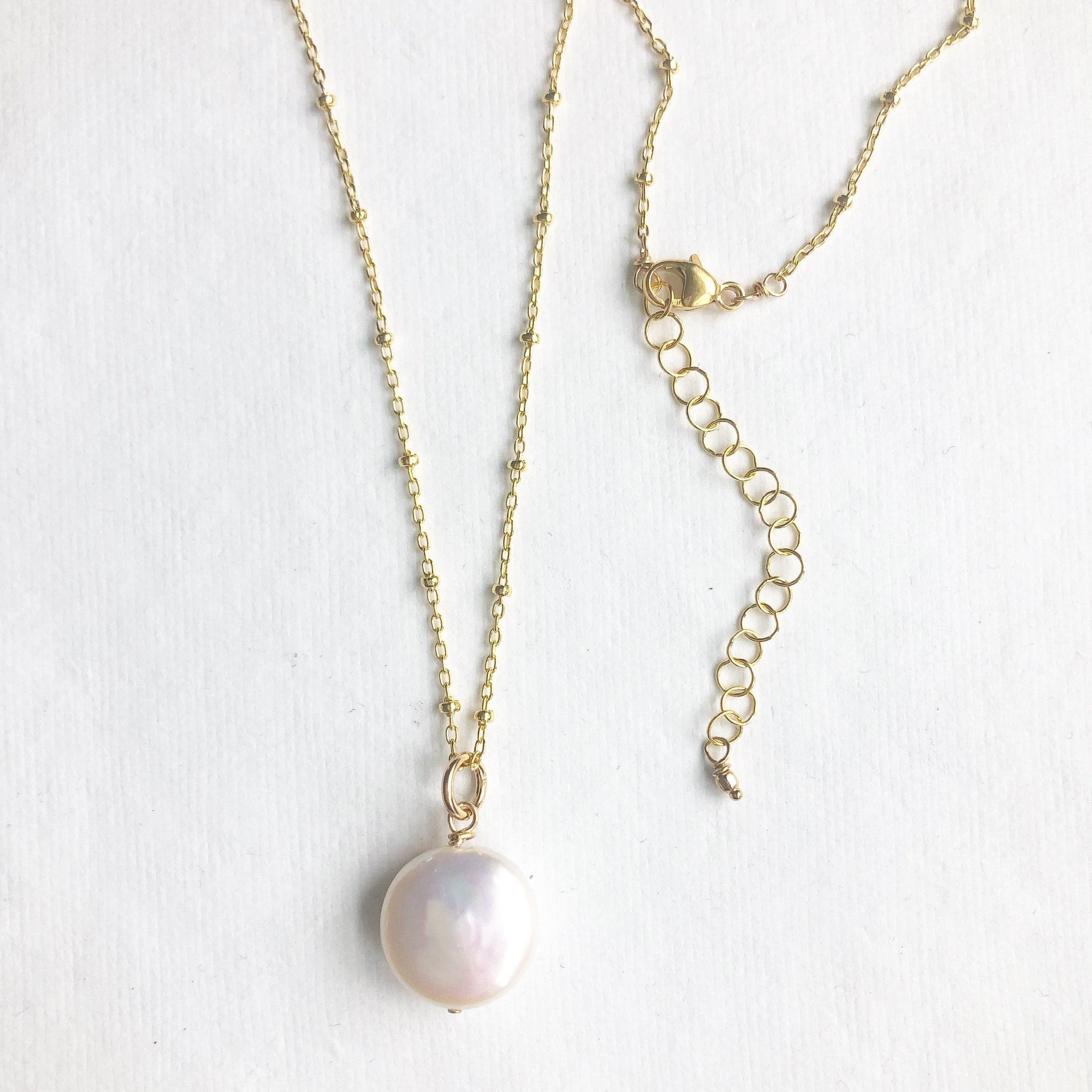Gold and coin pearl long statement necklace on a link ball chain. Deene Necklace by Sarah Cornwell Jewelry