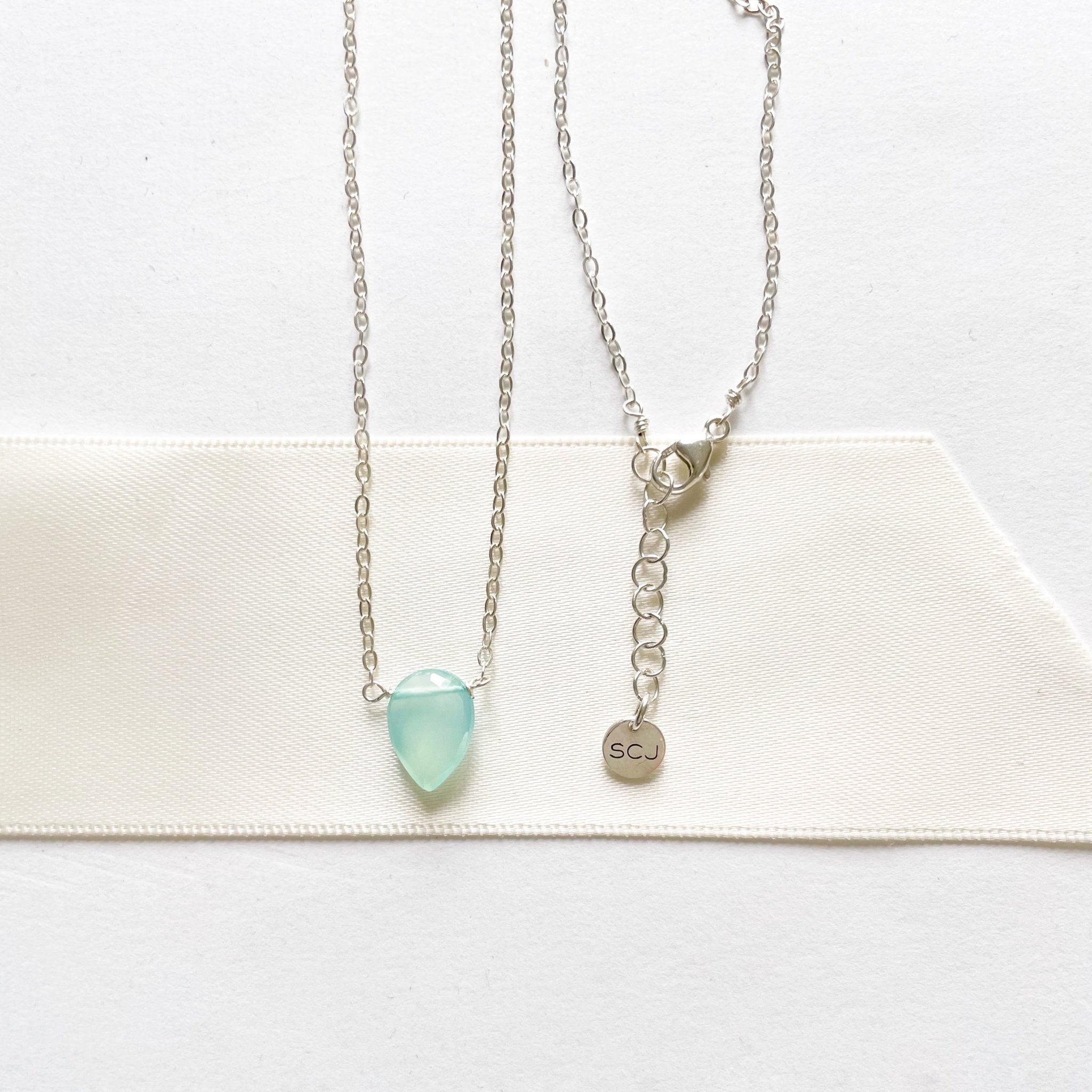 17 inch silver pendant necklace with teardrop shaped aqua chalcedony pendant. Hampton Necklace by Sarah Cornwell Jewelry