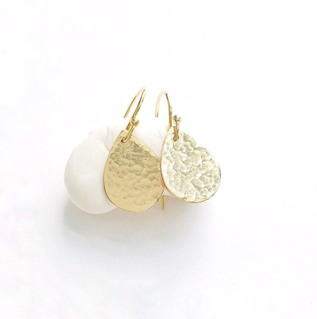 Gold Harvest Moon Earrings by Sarah Cornwell Jewelry. Dainty, textured gold teardrop earrings on a white background.
