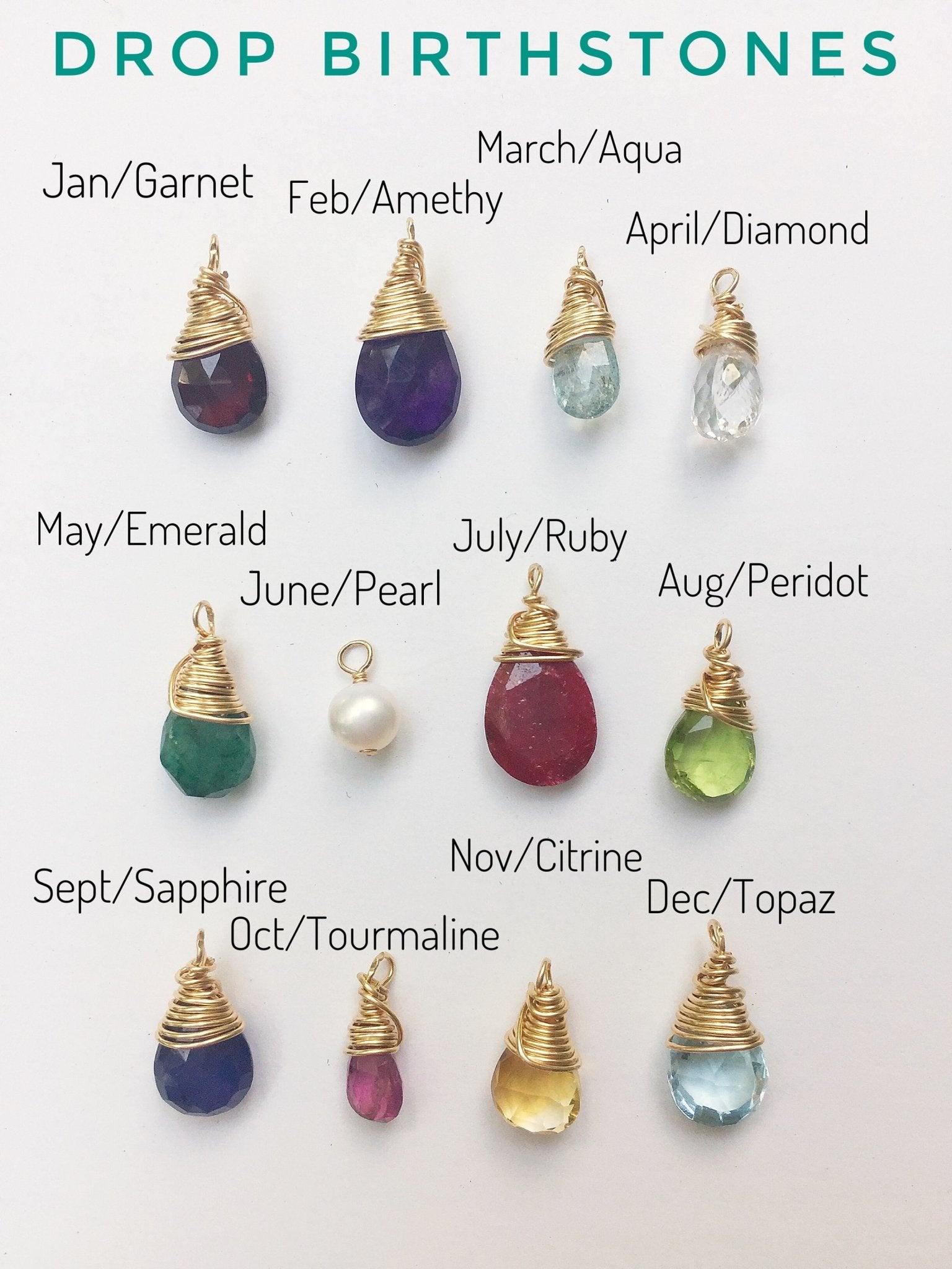 Chart with wire wrapped birthstone gemstone drops for each month of the year by Sarah Cornwell Jewelry