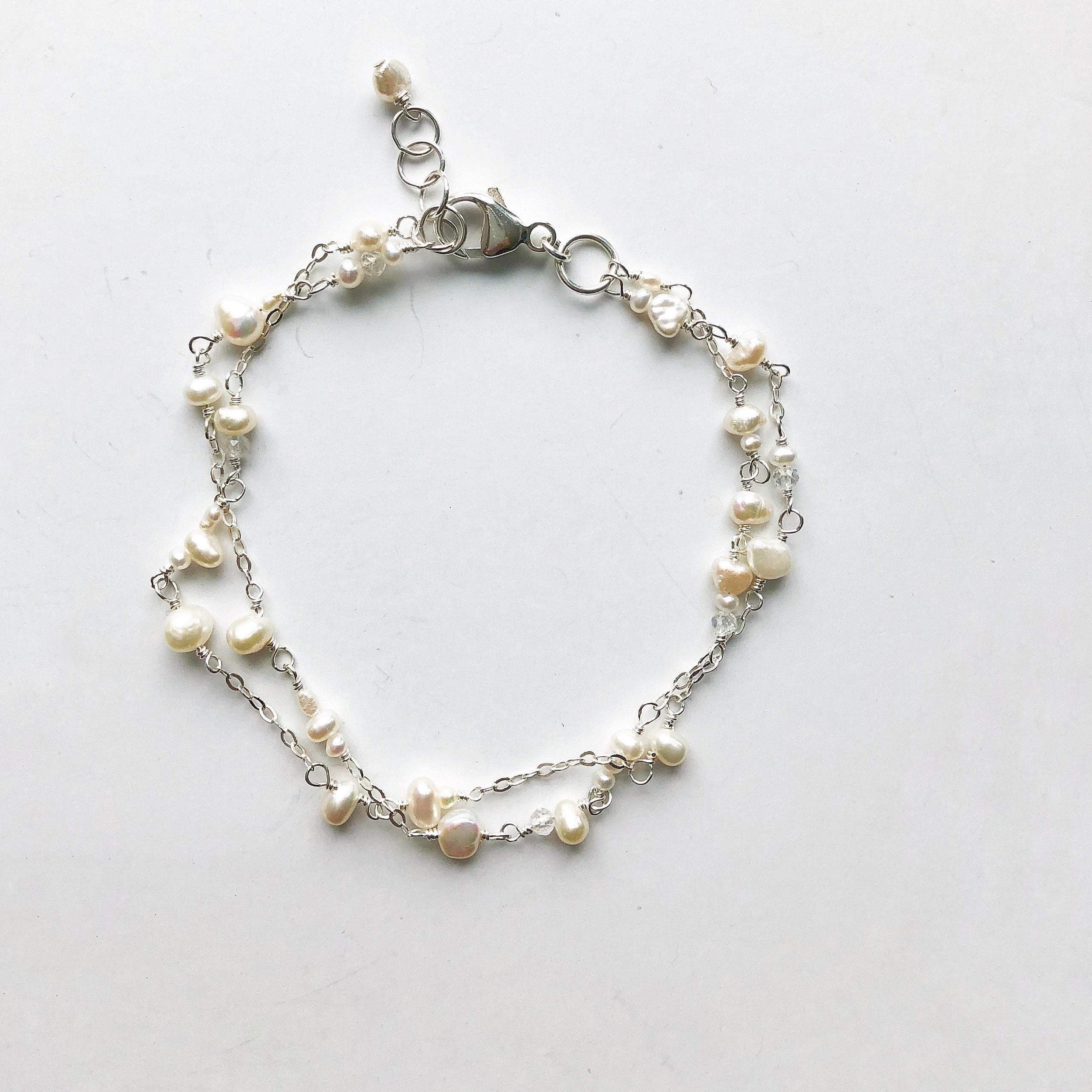 Silver double strand wire wrapped pearl bracelet. Poppy Linen Bracelet by Sarah Cornwell Jewelry