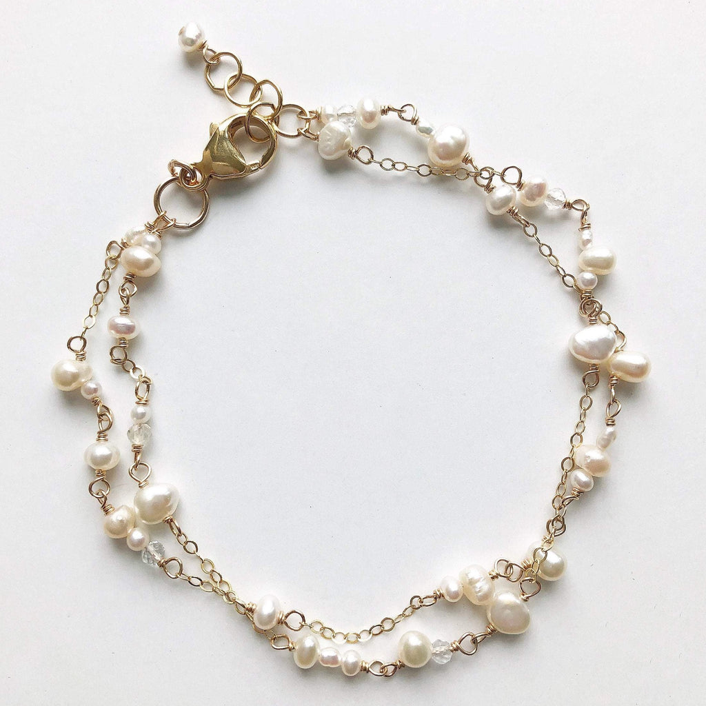 Gold double strand wire wrapped pearl bracelet. Poppy Linen Bracelet by Sarah Cornwell Jewelry
