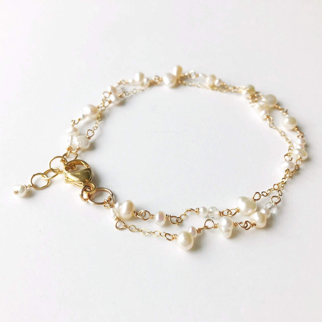 Gold double strand wire wrapped pearl bracelet. Poppy Linen Bracelet by Sarah Cornwell Jewelry