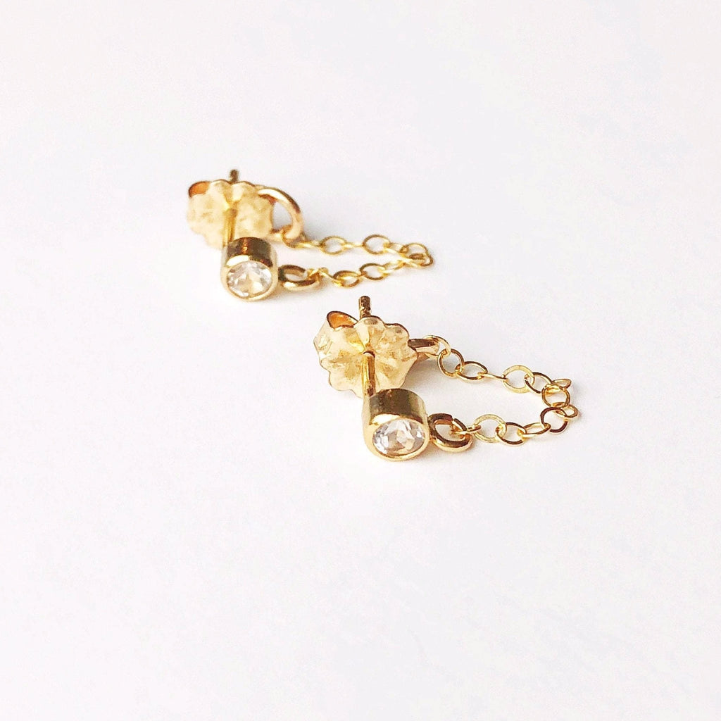 3mm white topaz and gold chain stud earrings. Kate Studs by Sarah Cornwell Jewelry
