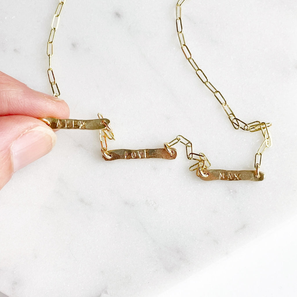 Gold hand forged stamped 3 bar necklace. Tribe Necklace by Sarah Cornwell Jewelry